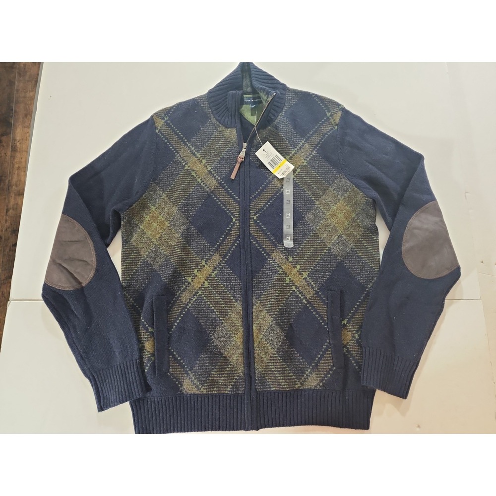 NWT Tommy Hilfiger Men M Midnight Navy Argyle Lambswool Full Zip Sweater Jacket